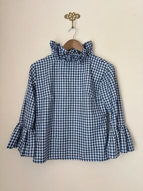 Elizabeth Wilson Blue Gingham Katherine Bell Sleeve Ruffle Top XS Preppy Spring